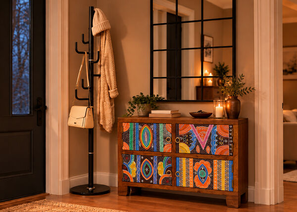 Cozy entryway at dusk: a black coat rack holds a cream knit hat, sweater, and white handbag beside a vividly hand-painted wooden cabinet, under a black-framed grid mirror, with candlelight adding warmth.