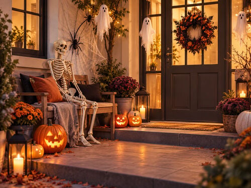 Vstupn&aacute; veranda vyzdoben&aacute; na Halloween so svietiacimi tekvicami, kostrou na lavičke, visiacimi duchmi, pavučinami a tepl&yacute;mi sl&aacute;vnostn&yacute;mi svetlami.