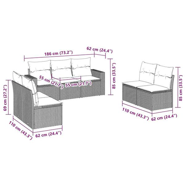 vidaXL 7-dielna záhradná súprava pohoviek s vankúšmi hnedá polyratan