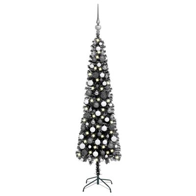 vidaXL Úzky osvetlený vianočný stromček s guľami, čierny 180 cm