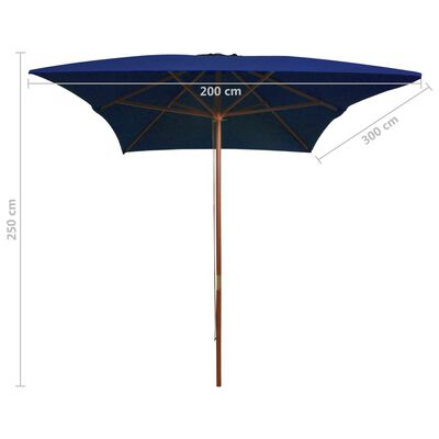 vidaXL Vonkajší slnečník s drevenou tyčou modrý 200x300 cm