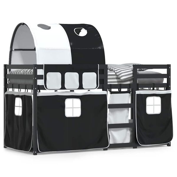 vidaXL Poschodová posteľ závesy bielo-čierna 90x190cm masívna borovica