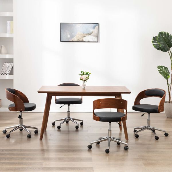 vidaXL Otočn&eacute; jed&aacute;lensk&eacute; stoličky 4 ks čierne oh&yacute;ban&eacute; drevo+umel&aacute; koža