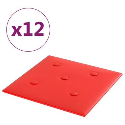vidaXL Nástenné panely 12 ks červené 30x30 cm umelá koža 1,08 m²