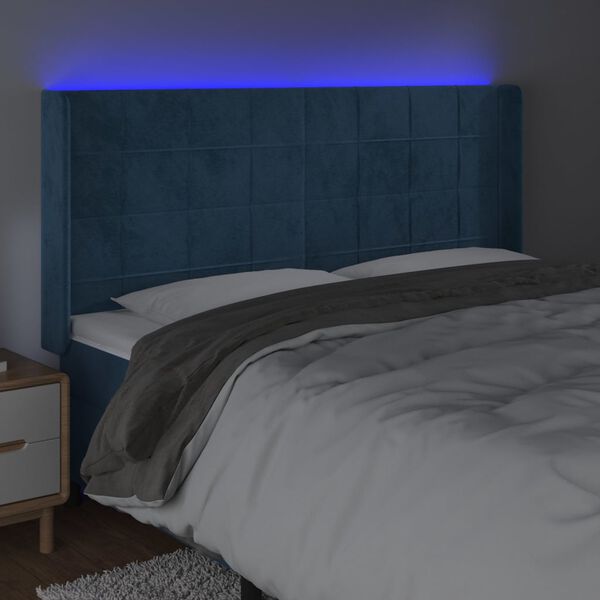 vidaXL Čelo postele s LED tmavomodr&eacute; 183x16x118/128 cm zamat