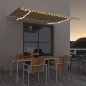 vidaXL Ručne zaťahovacia mark&iacute;za s LED 450x350 cm žlt&aacute; a biela