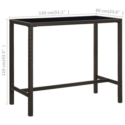 vidaXL Záhradný barový stôl hnedý 130x60x110 cm polyratan a sklo