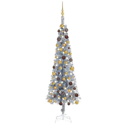 vidaXL Úzky osvetlený vianočný stromček s guľami, strieborný 180 cm