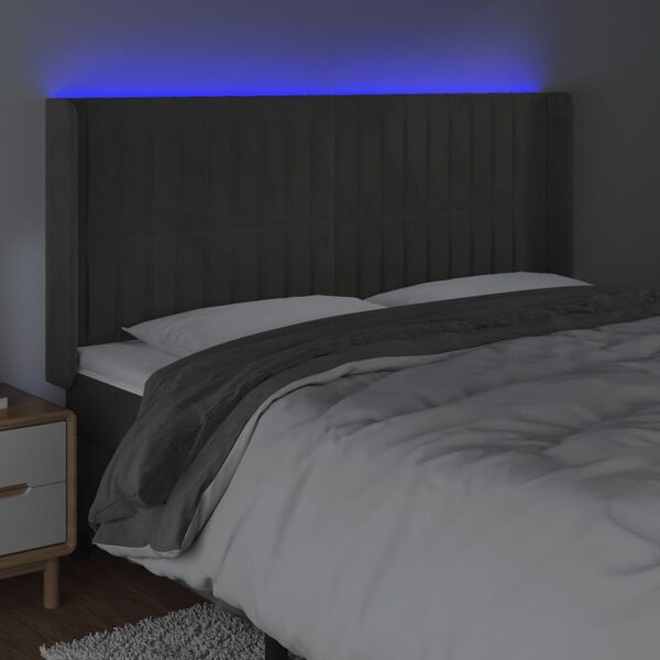 vidaXL Čelo postele s LED tmavosiv&eacute; 183x16x118/128 cm zamat