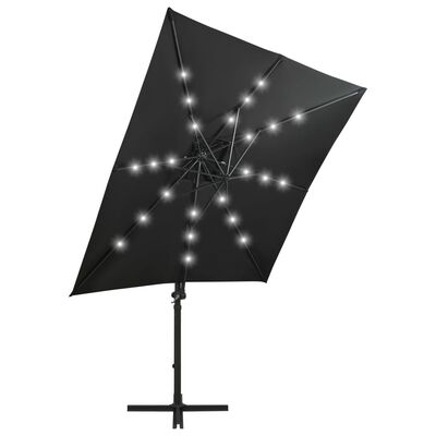 vidaXL Závesný slnečník s tyčou a LED svetlami čierny 250 cm