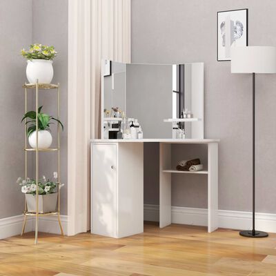 vidaXL Rohový toaletný kozmetický stolík na líčenie, biely