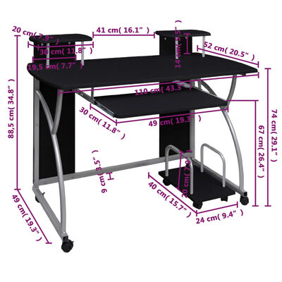 vidaXL Počítačový stôl čierny 110x52x88,5 cm spracované drevo