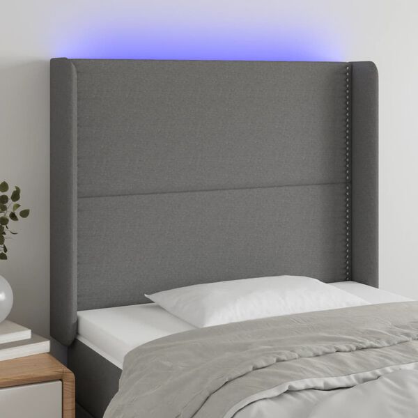 vidaXL Čelo postele s LED tmavosiv&eacute; 93x16x118/128 cm l&aacute;tka