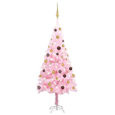 vidaXL Osvetlený umelý vianočný stromček s guľami, ružový 150 cm, PVC