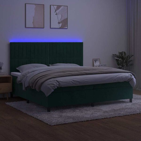 vidaXL Posteľn&yacute; r&aacute;m boxsping matrac a LED tmavozelen&yacute; 200x200 cm zamat