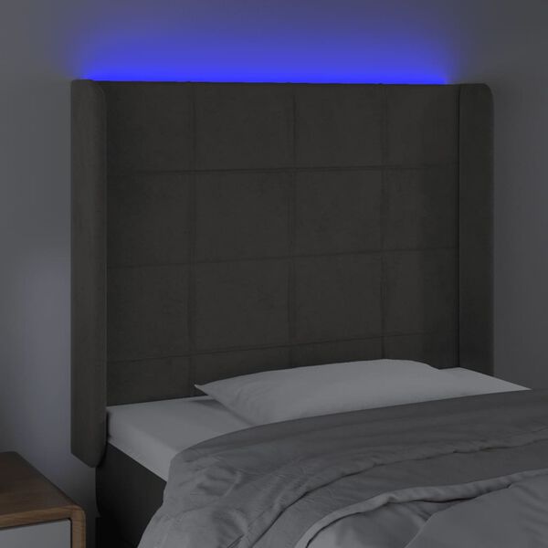 vidaXL Čelo postele s LED tmavosiv&eacute; 93x16x118/128 cm zamat