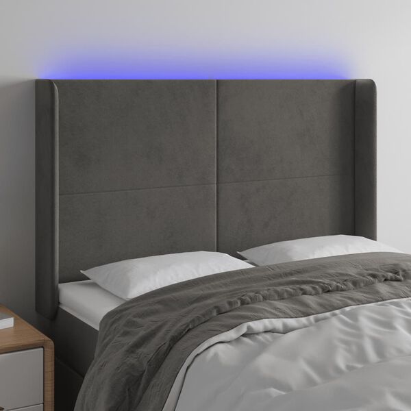 vidaXL Čelo postele s LED tmavosiv&eacute; 147x16x118/128 cm zamat