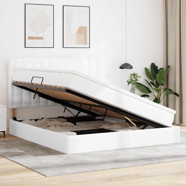 vidaXL Postel s &uacute;ložn&yacute;m prostorem a LED svetlom Čist&aacute; biela Umel&aacute; koža
