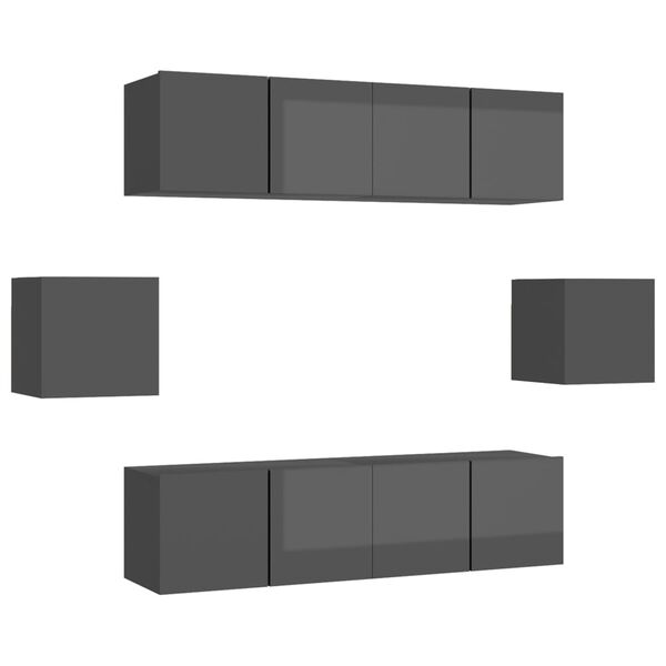 vidaXL 6-dielna s&uacute;prava TV skriniek leskl&aacute; siv&aacute; drevotrieska