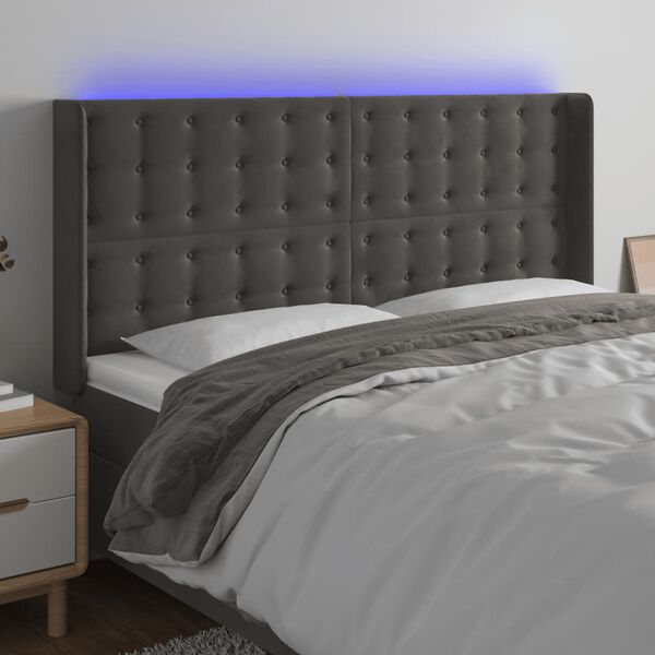 vidaXL Čelo postele s LED tmavosiv&eacute; 183x16x118/128 cm zamat