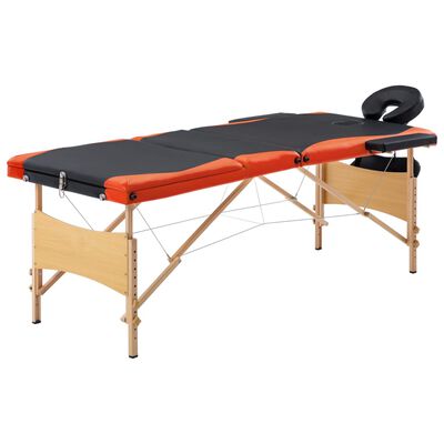 vidaXL Skladací masážny stôl, 3 zóny, drevo, čierno oranžový