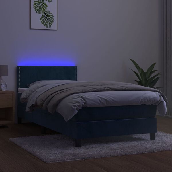 vidaXL Posteľn&yacute; r&aacute;m boxsping matrac a LED tmavomodr&yacute; 90x190 cm zamat