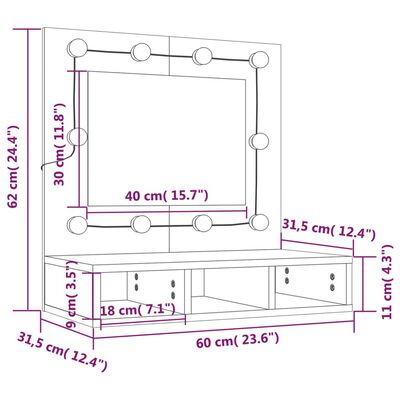 vidaXL Zrkadlová skrinka s LED hnedý dub 60x31,5x62 cm