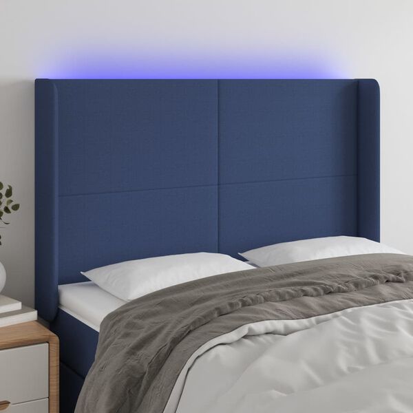 vidaXL Čelo postele s LED modr&eacute; 147x16x118/128 cm l&aacute;tka