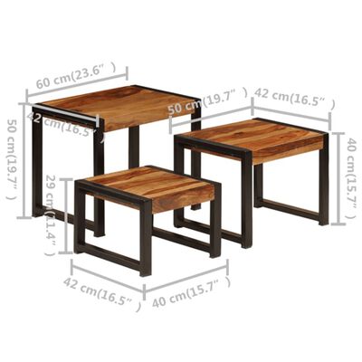 vidaXL Stohovateľné stolíky 3 ks, drevený masív sheesham