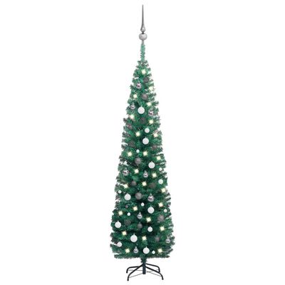 vidaXL Úzky osvetlený umelý vianočný stromček s guľami, zelený 210 cm