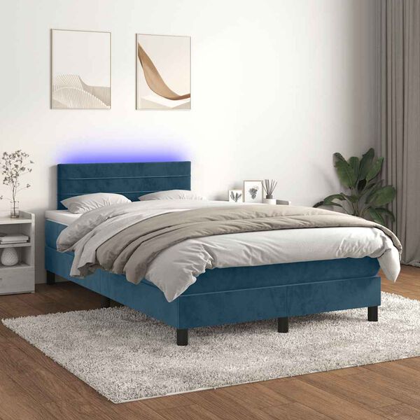 vidaXL Boxspring posteľ s matracom a LED, tmavomodr&aacute; 120x190 cm, zamat