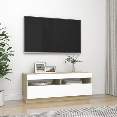 vidaXL TV skrinka s LED svetlami biela a dub sonoma 100x35x40 cm