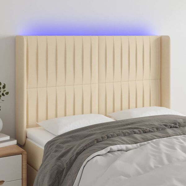 vidaXL Čelo postele s LED krémové 147x16x118/128 cm látka