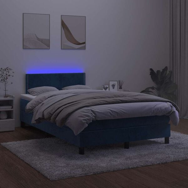 vidaXL Boxspring posteľ s matracom a LED, tmavomodr&aacute; 120x190 cm, zamat