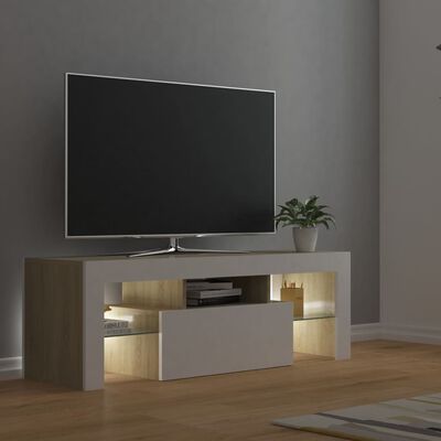 vidaXL TV skrinka s LED svetlami biela a dub sonoma 120x35x40 cm