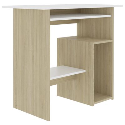 vidaXL Písací stôl, biela a dub sonoma 80x45x74 cm, drevotrieska