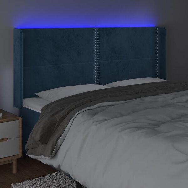 vidaXL Čelo postele s LED tmavomodr&eacute; 163x16x118/128 cm zamat