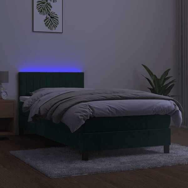 vidaXL Posteľn&yacute; r&aacute;m boxsping matrac a LED tmavozelen&yacute; 100x200 cm zamat