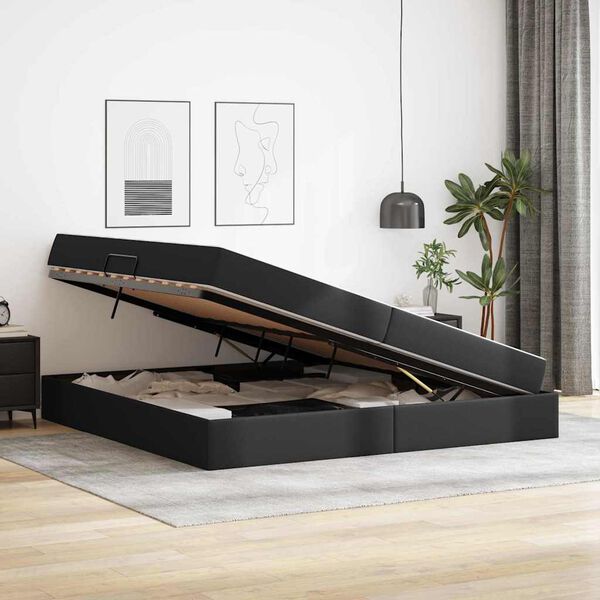 vidaXL Postel s &uacute;ložn&yacute;m prostorem a matrac&iacute; 2 pcs Čierna Koža