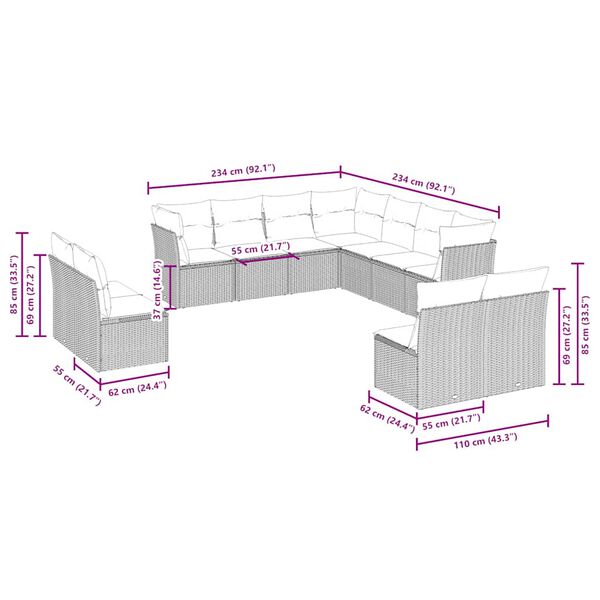vidaXL 11-dielna záhradná sedacia súprava s vankúšmi polyratanová sivá