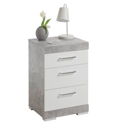 FMD Nočný stolík s 3 zásuvkami, bétonovo sivá a lesklá biela