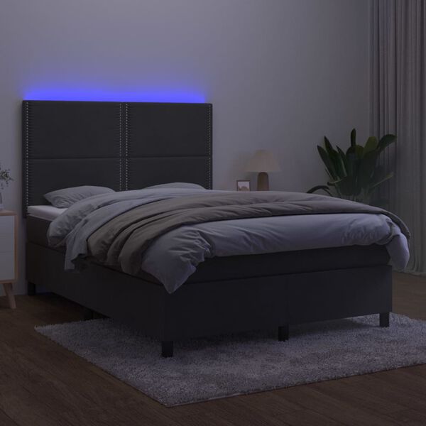 vidaXL Posteľ boxsping s matracom a LED tmavosiv&aacute; 140x190 cm zamat