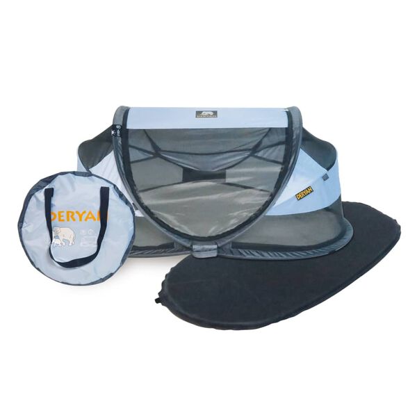 DERYAN Skladacia cestovná postieľka Baby Luxe so sieťou proti komárom modrá