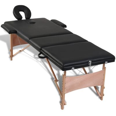 vidaXL Čierny skladací masážny stôl, 3 zóny, drevený rám