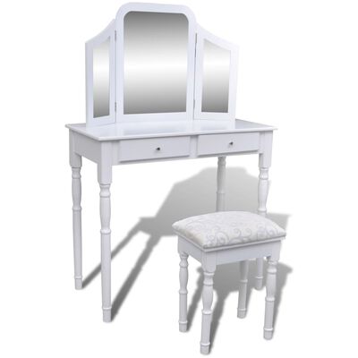 vidaXL Toaletný stolík so zrkadlom 3 v 1 a stoličkou, 2 zásuvky, biely