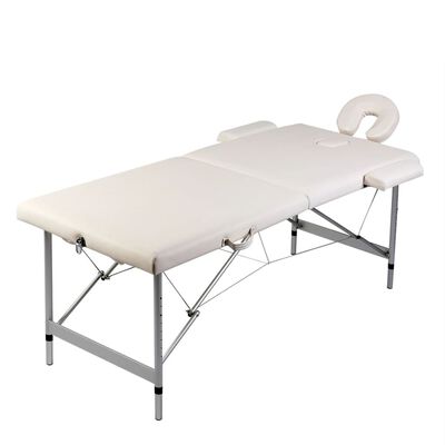 vidaXL Krémovo biely skladací masážny stôl, 2 zóny, hliníkový rám
