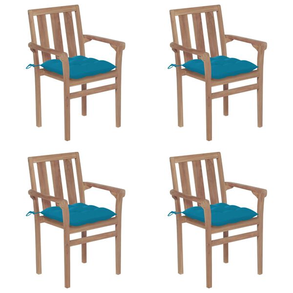 vidaXL Stohovateľné záhradné stoličky s podložkami 4 ks tíkový masív