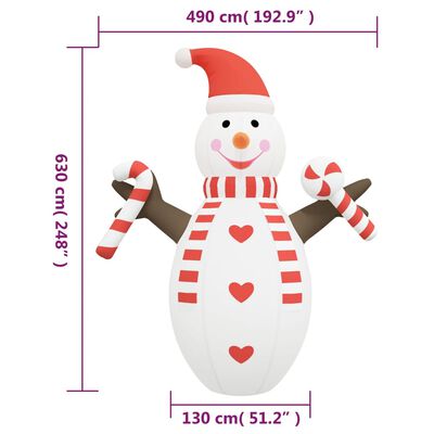 vidaXL Nafukovací vianočný snehuliak s LED 630 cm