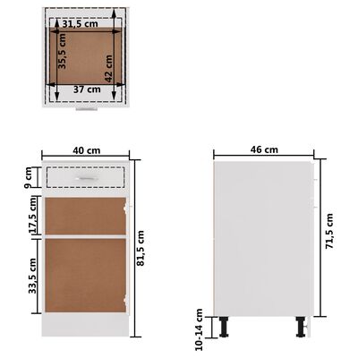 vidaXL Spodná skrinka+zásuvka, lesklá biela 40x46x81,5 cm