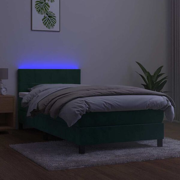 vidaXL Posteľn&yacute; r&aacute;m boxsping matrac a LED tmavozelen&yacute; 100x200 cm zamat